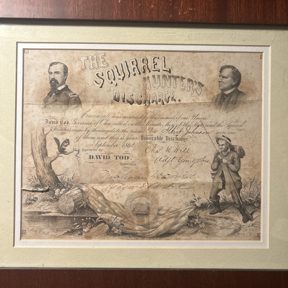 1862 OHIO - CIVIL WAR - SQUIRREL HUNTERS DISCHARGE - RARE LIKE STOCK CERTIFICATE